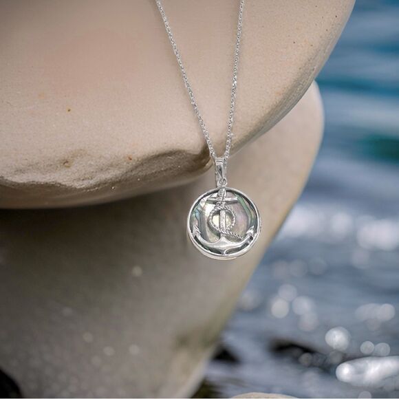 Beaux Bijoux Natural Abalone/Created Turquoise Anchor SS Pendant Necklace NIB - Picture 3 of 5